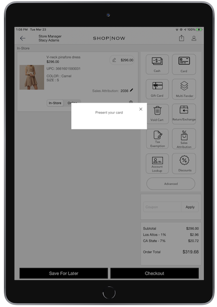 A message in the POS app telling the user to present their card.