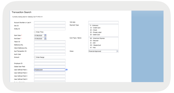 Searching for a transaction by order ID in the Transaction Search section.