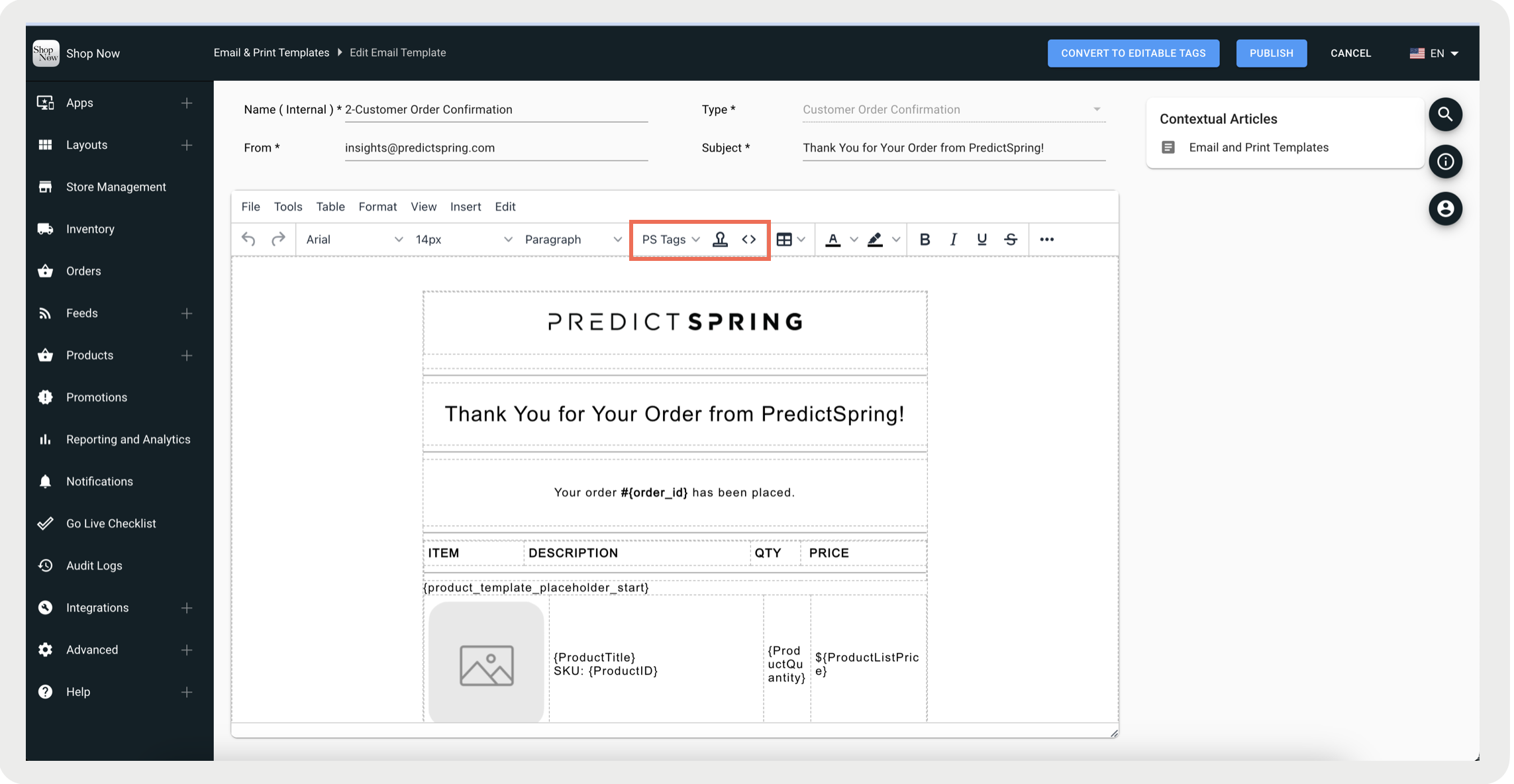 The email template editor indicating the location of the PS Tags option on the toolbar menu.