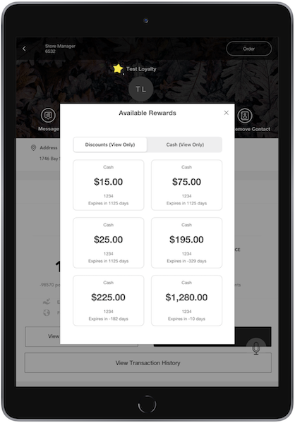 A customers available rewards showing in discounts or cash as options.