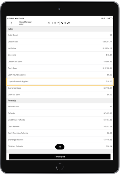 The Loyalty Rewards Applied report in the POS app.