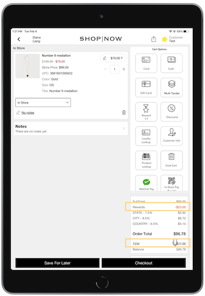 A cart in the POS app with a coupon applied in the order total.