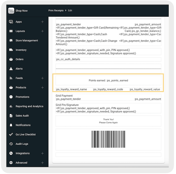 A print receipt configration example in Point of Sale CMS.