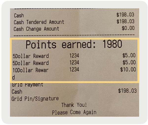 An exampe of a printed receipt with the loyalty points recorded.