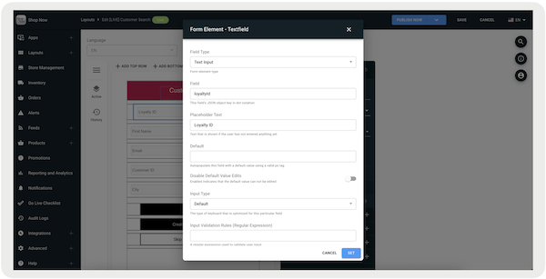 The Textfield window in Point of Sale CMS where you can add a Loyalty ID.