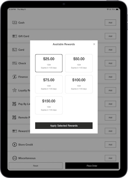 The Available Rewards window in the POS app with a reward highlighted and the Apply Selected Rewards button at the bottom.