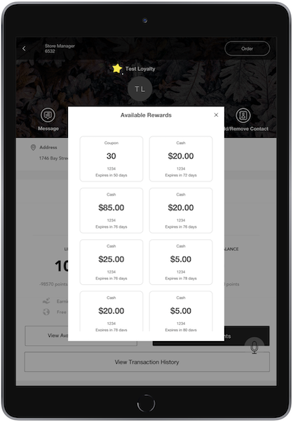 A window showing a customer's available reqards showing in the POS app.