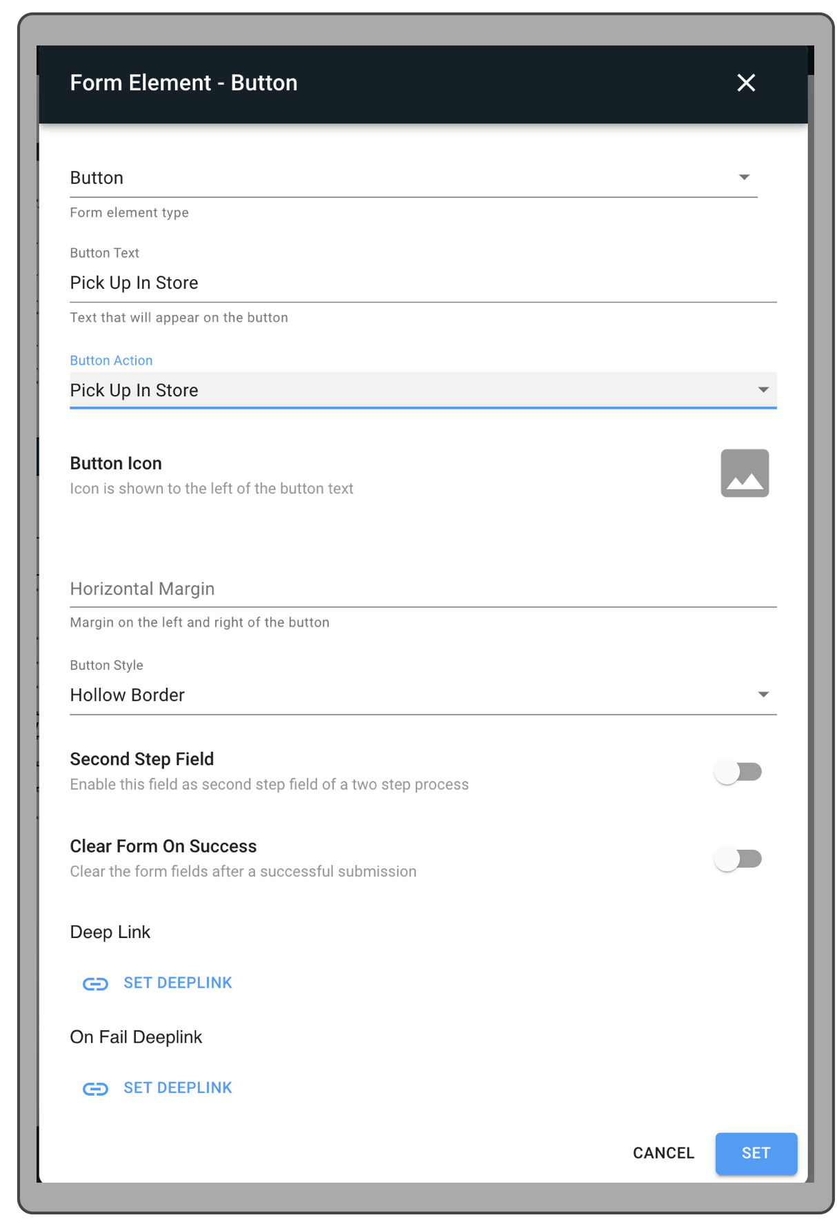 The CMS shows button settings.