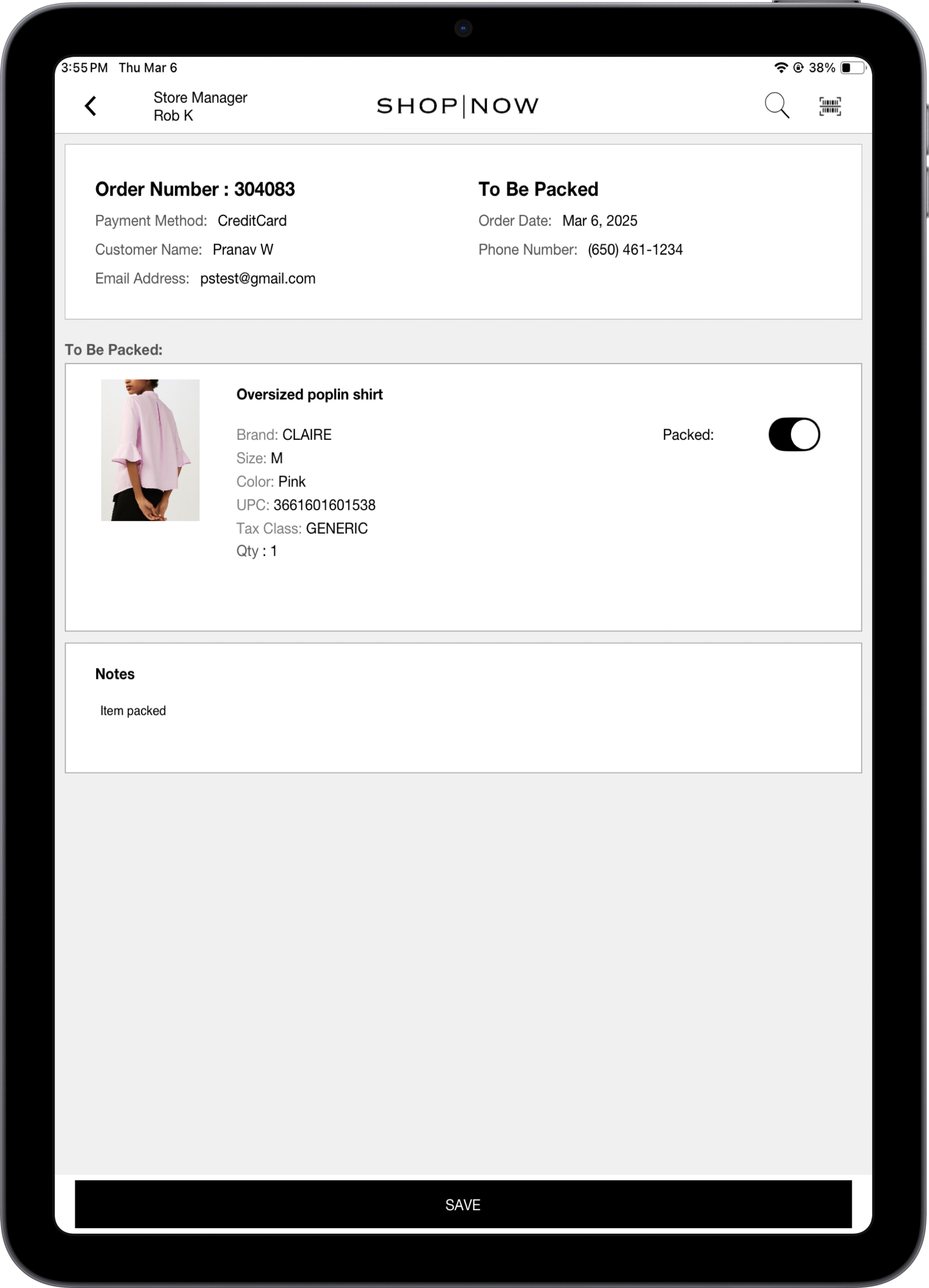 The POS app shows the option to add a note to a packed item.