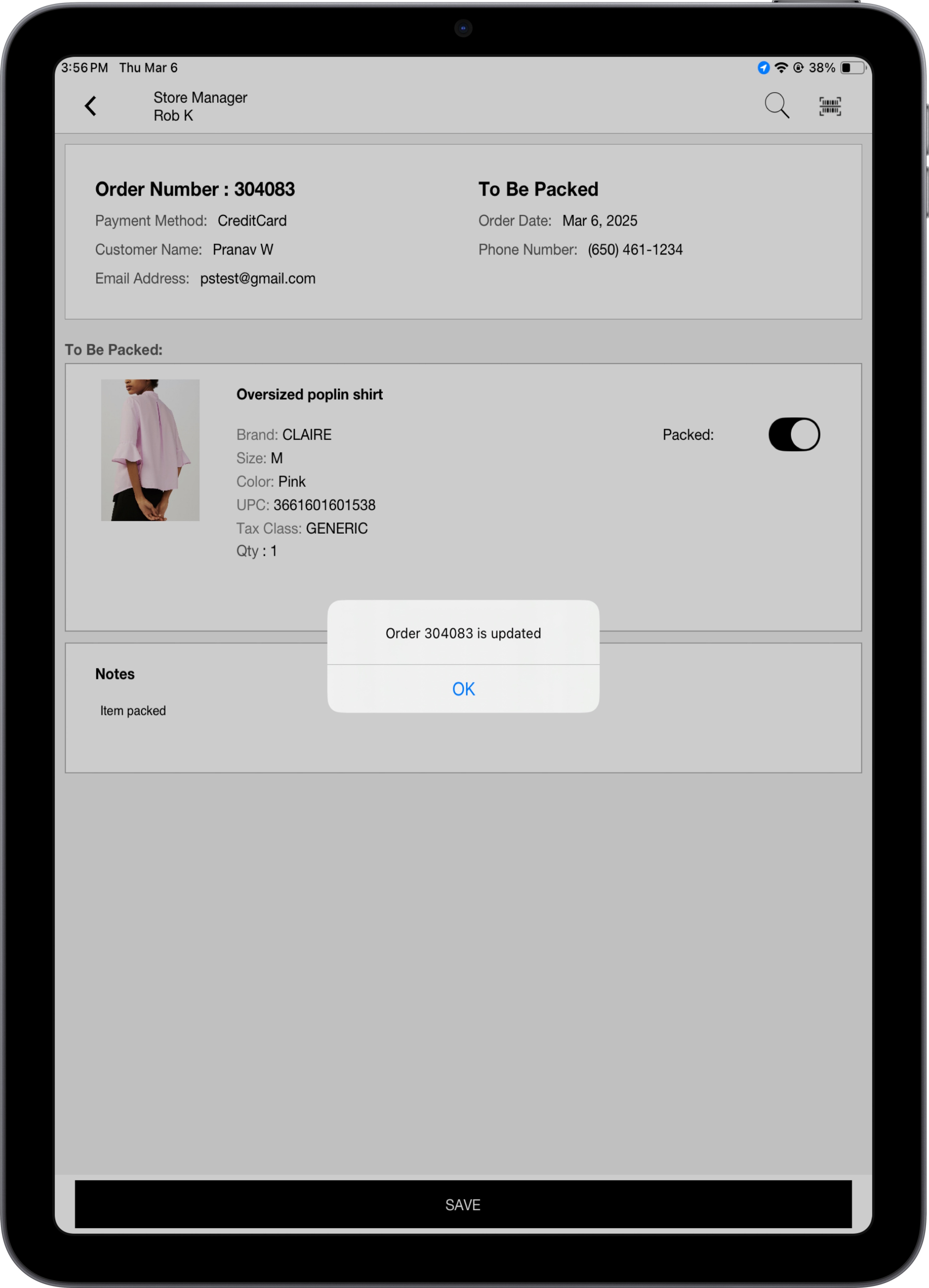 The POS app shows a message confirming that an order has been updated.