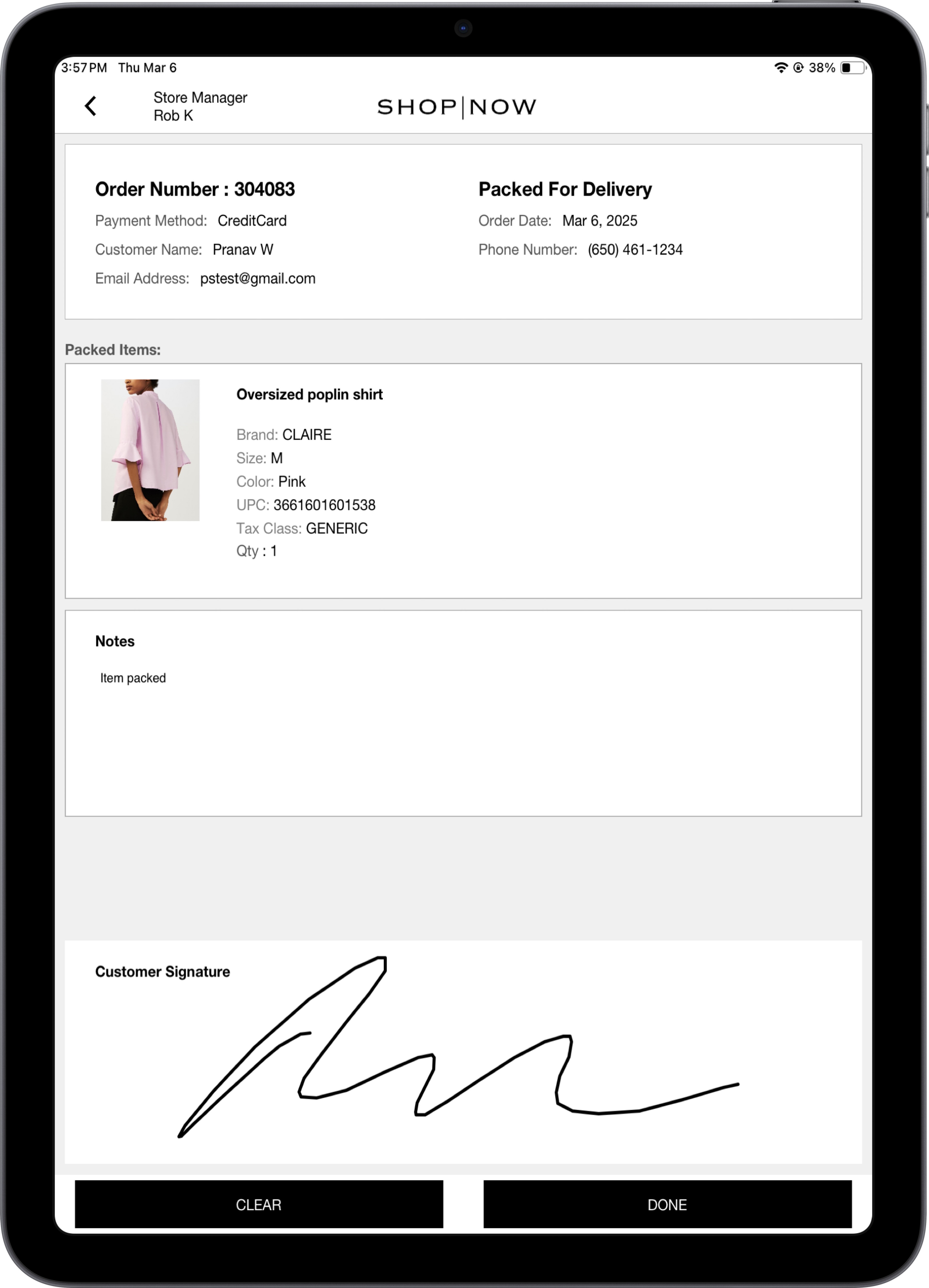 The POS app shows a signature added to a pick up order.