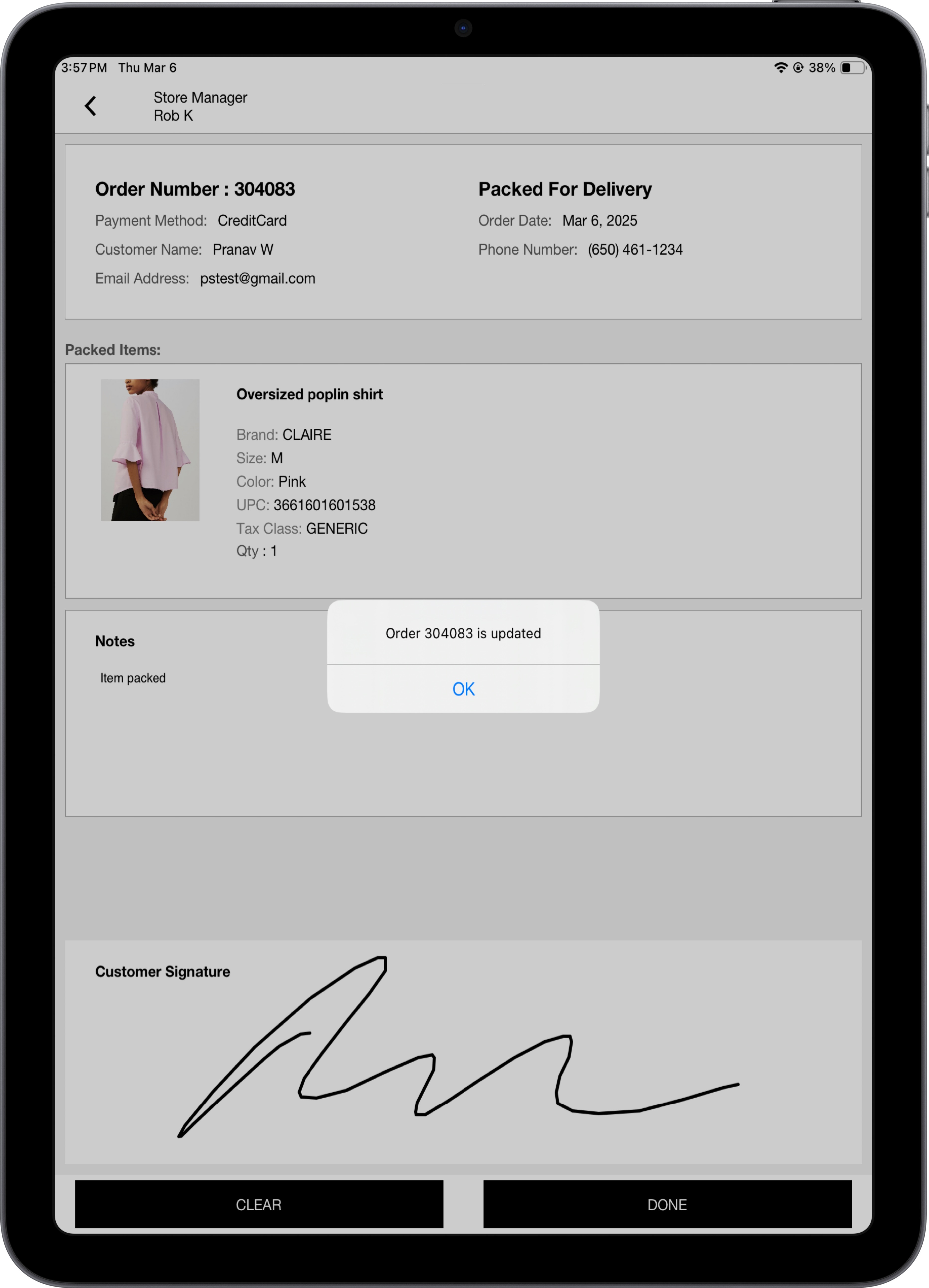 The POS app shows a message confirming an order has been updated.