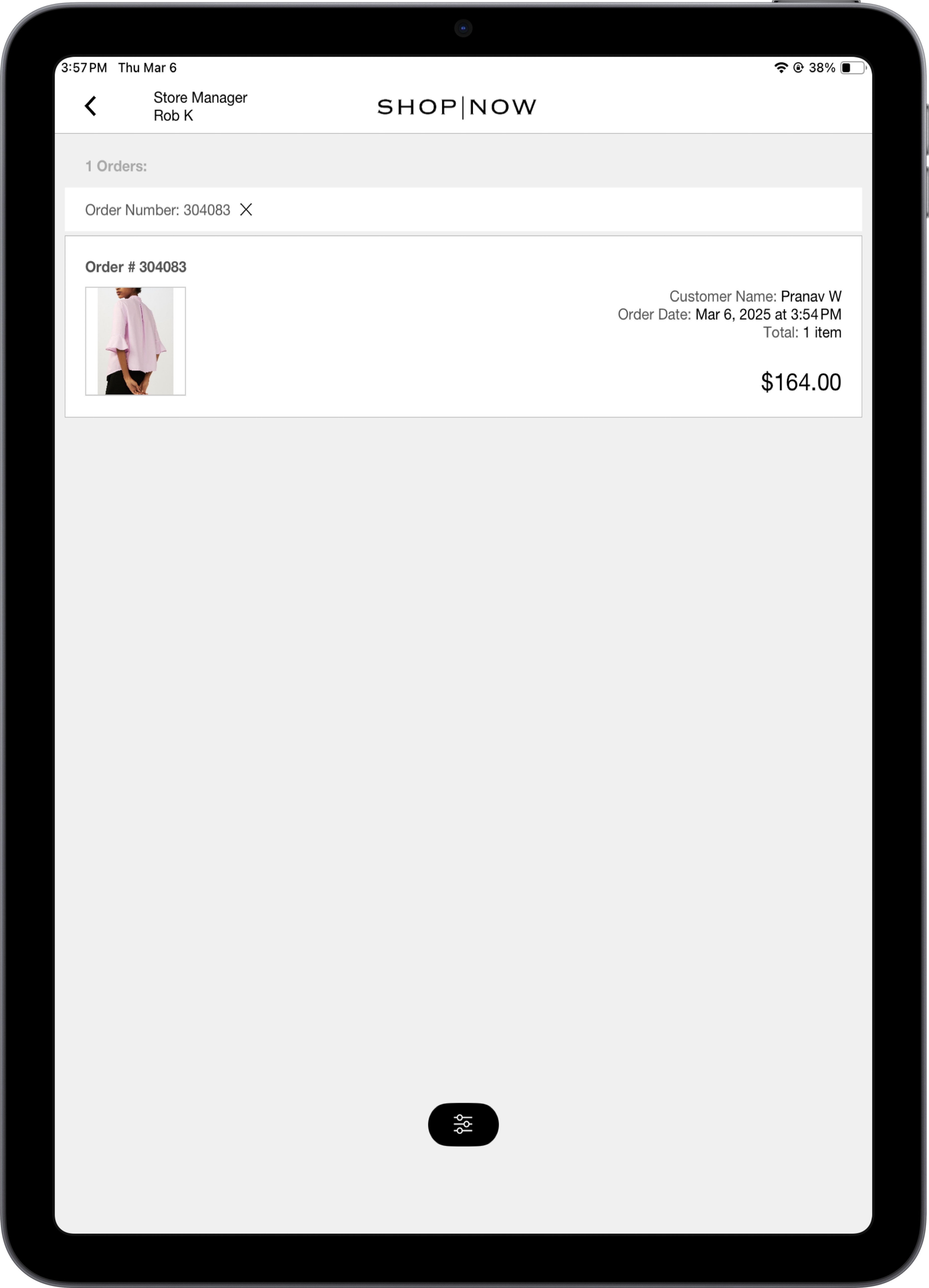 The POS app shows the order history screen.