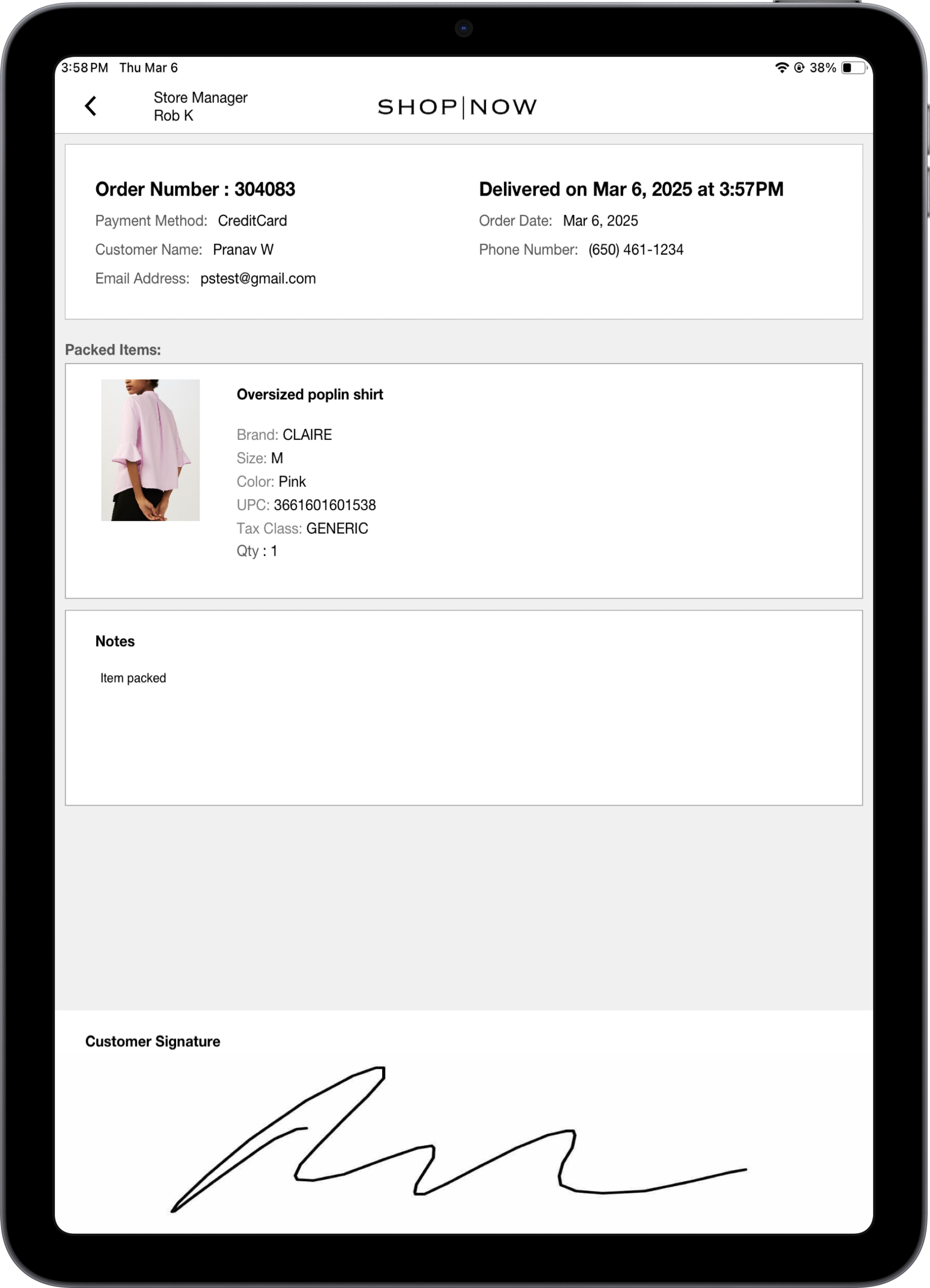 The POS app shows an order as seen from the store picked up order history.