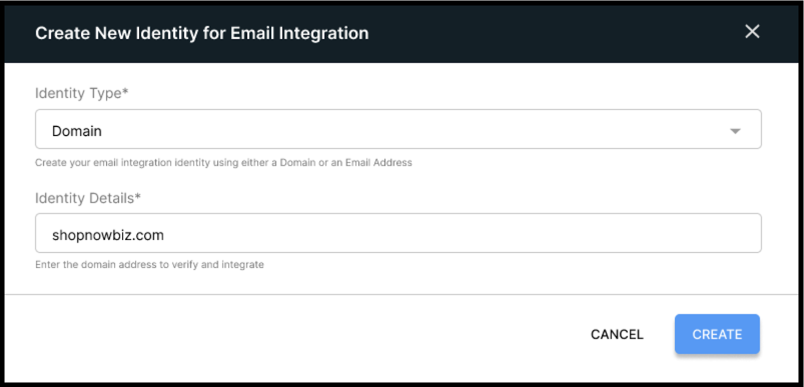 A screen displays options for entity type and details for an email integration.