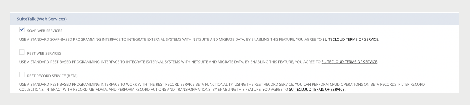 Screen shows the option to enable SOAP web services.