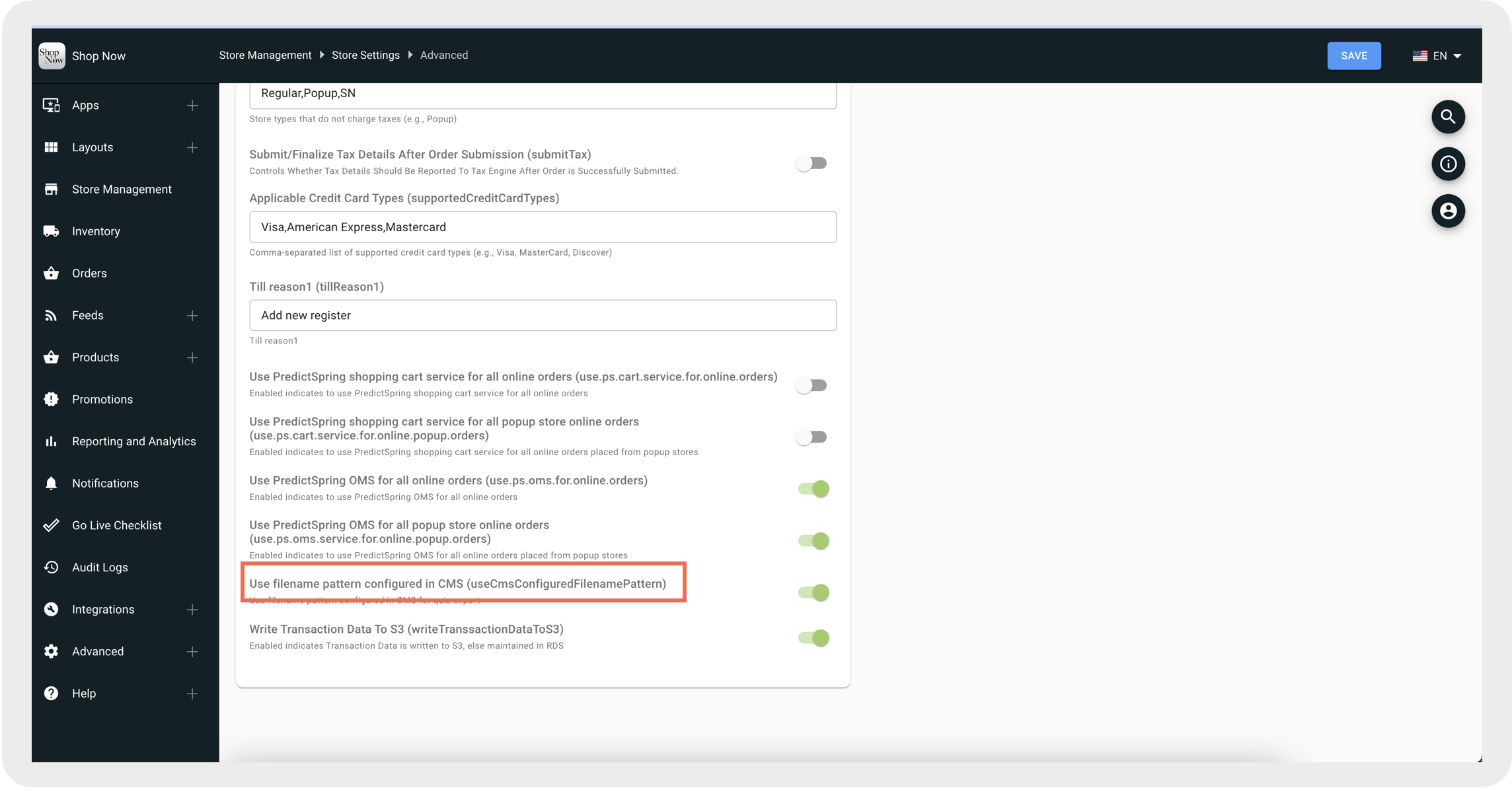 A screenshot shows the flag use for name pattern configured in CMS.