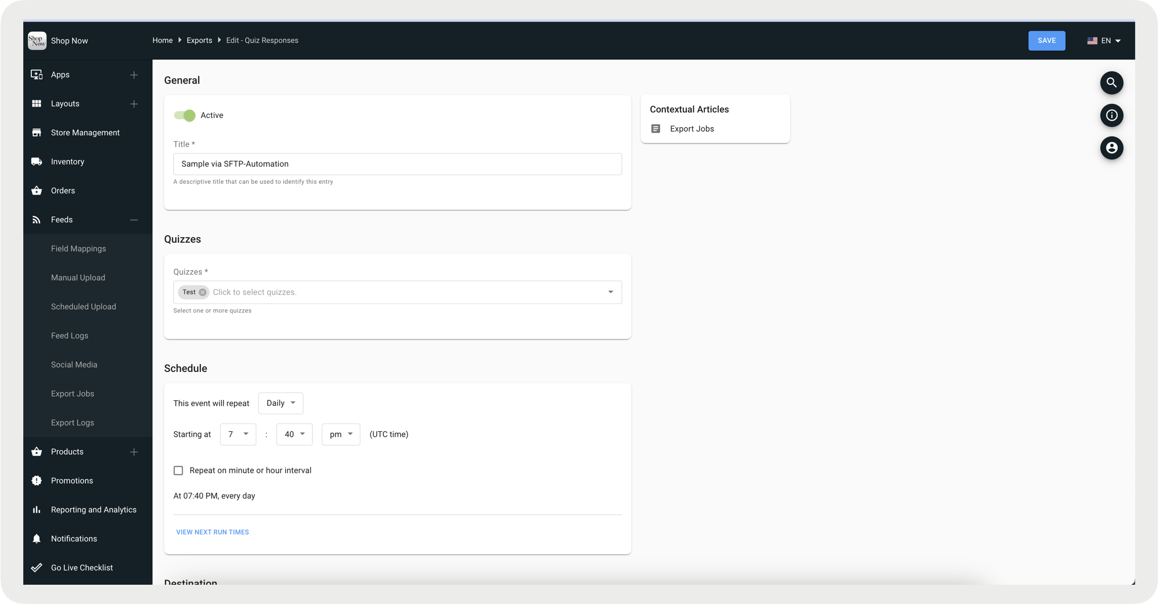 A screenshot shows the settings for a scheduled quiz data export.