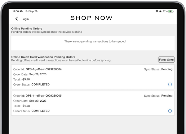The Pending Orders screen on the POS app that shows all pending orders and the Force Sync button.