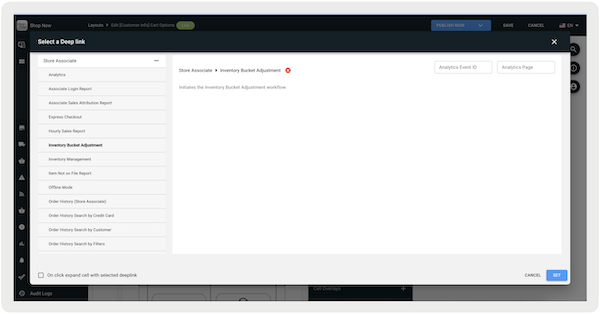 The Inventory Bucket Adjustment setting in the Select a Deep Link section of the Retail Cloud CMS.