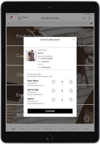The Inventory Movement window in the POS app that shows how much inventory currently exists.