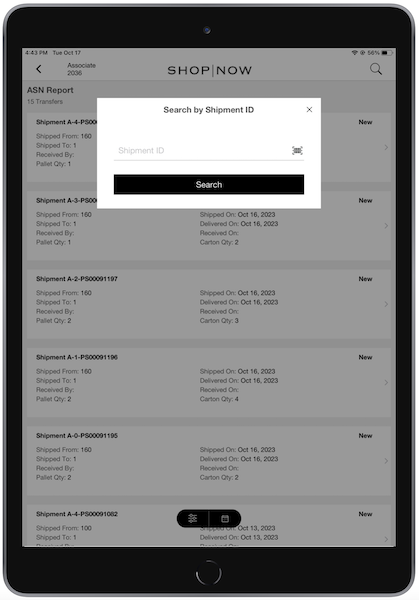 The Search by Shipment ID window in the POS app.