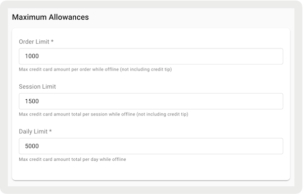The Maximum Allownaces settings in the POS Offline setup section of Point of Sale CMS.