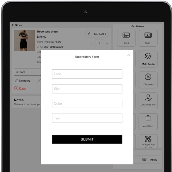 An Product Form Window in the POS App, asking you to enter informatin about embroidering.