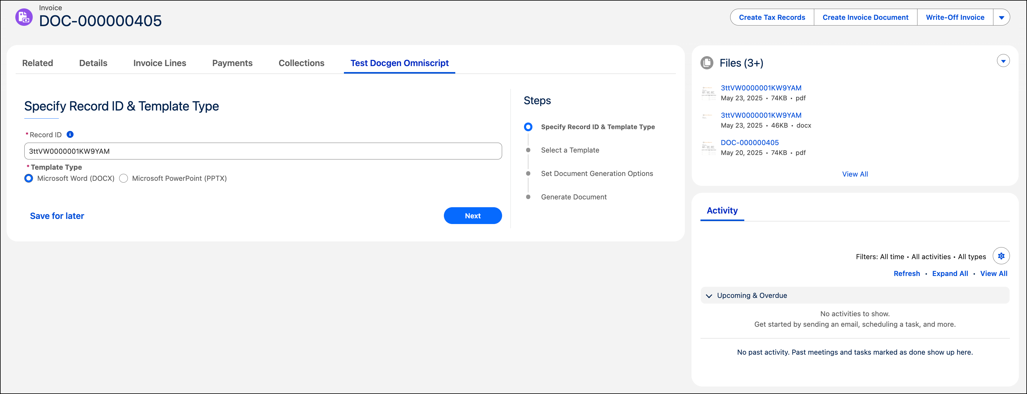 Specify record Id and template type