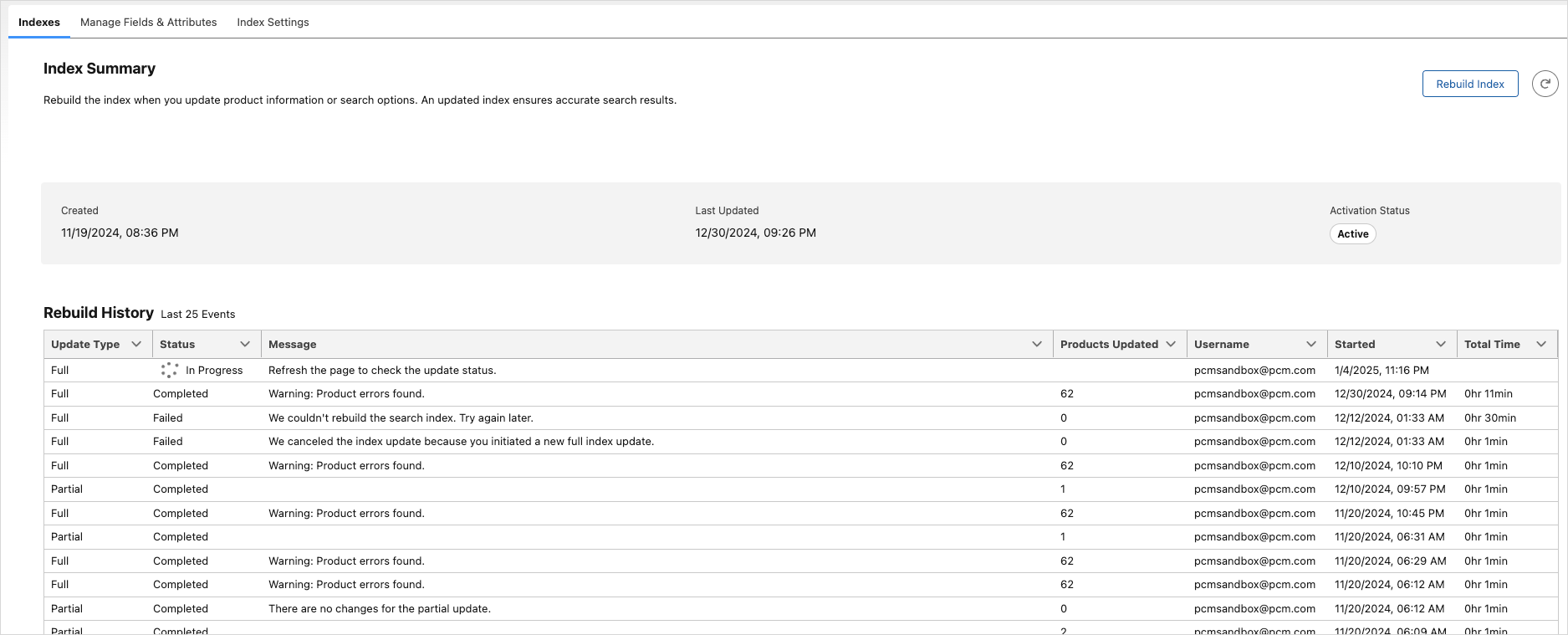 Rebuild History and Activation Status on the Index Summary page