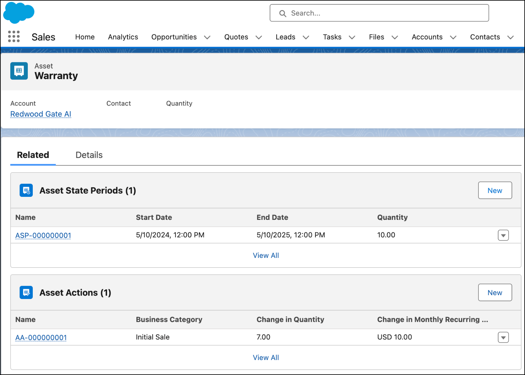 Asset State Periods and Asset Actions related lists with the New button