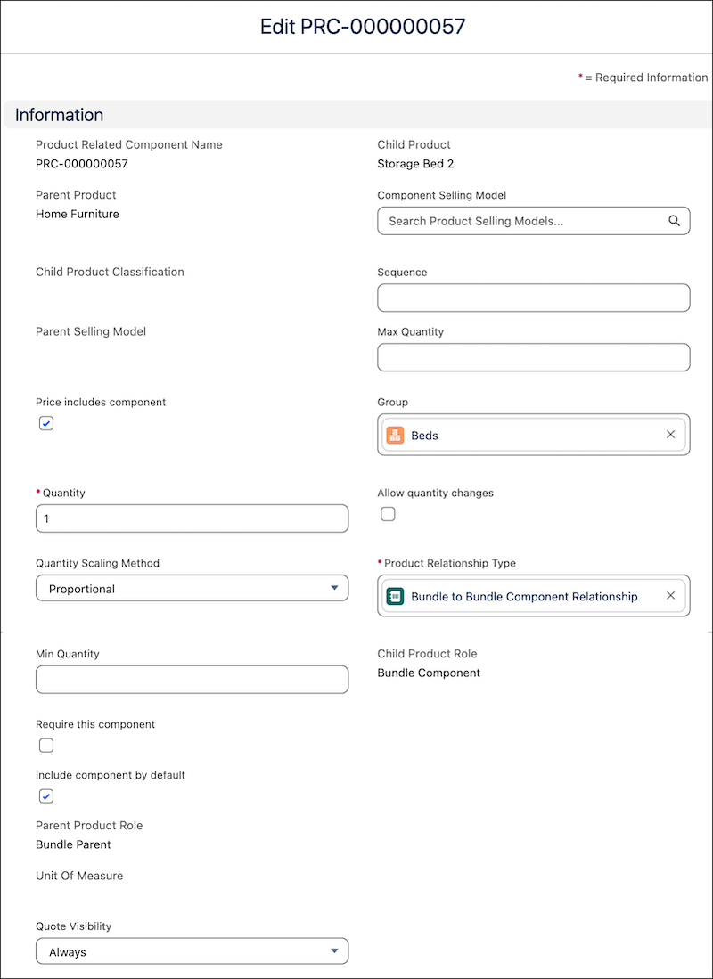Fenêtre Modifier la relation des composants du produit avec les champs de composants quantité minimale, quantité maximale, Autoriser les changements de quantité et Prix entourés.