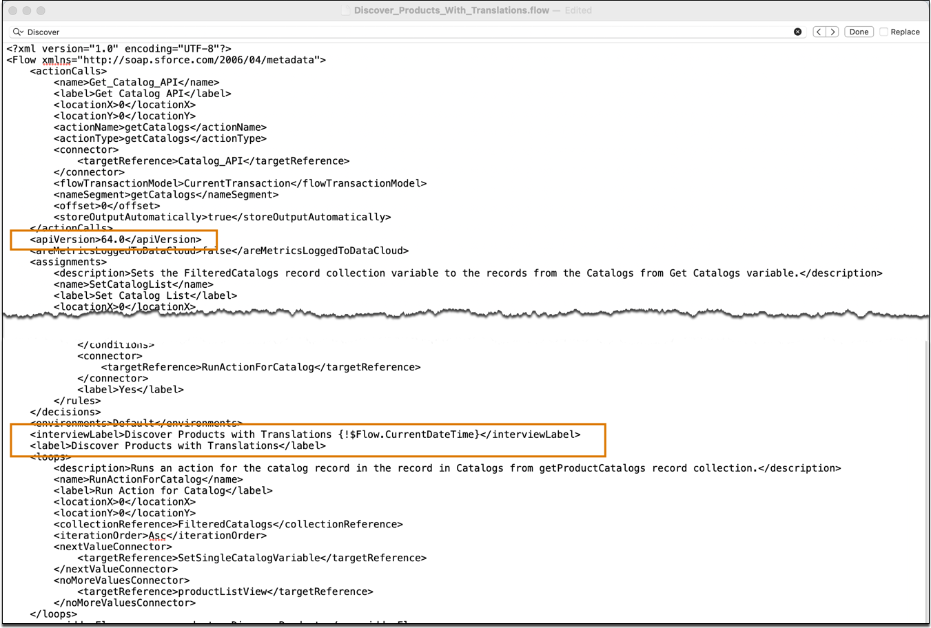 Проверка XML-тегов <interviewLabel> и <label> соответствует имени потока, а версия API соответствует заданной в Workbench