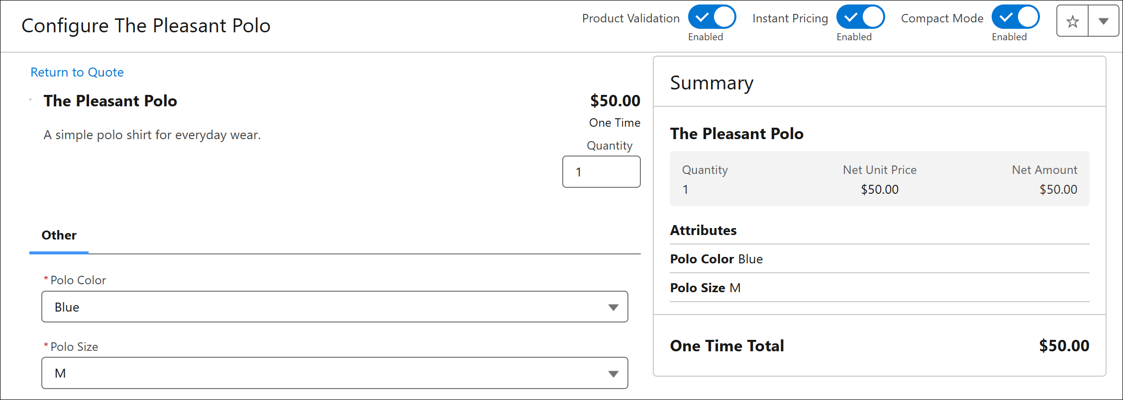 在報價條列編輯器中顯示的 Pleasant Polo