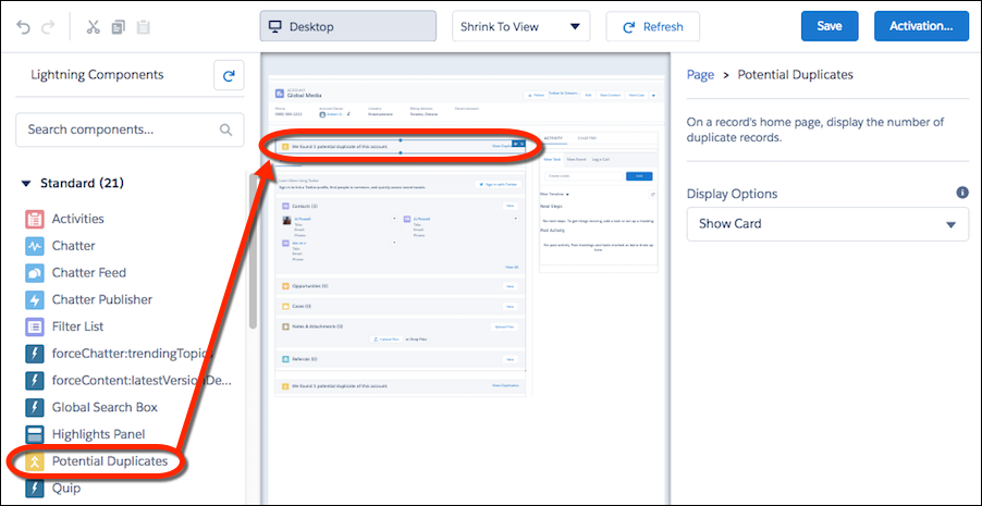 Adding the Potential Duplicates component to a record home page