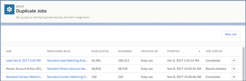 Page des tâches de duplication dans la Configuration