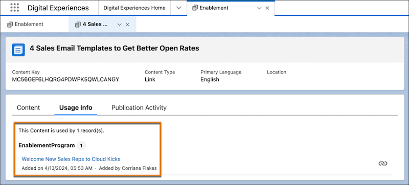 The Usage Info tab on a content record in the Enablement workspace, showing the published programs where the content is used