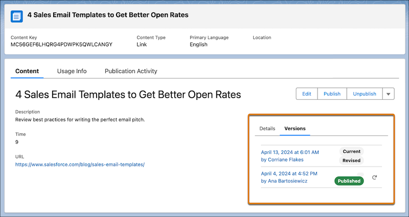 Version History list on the detail page of a content record in the Enablement workspace