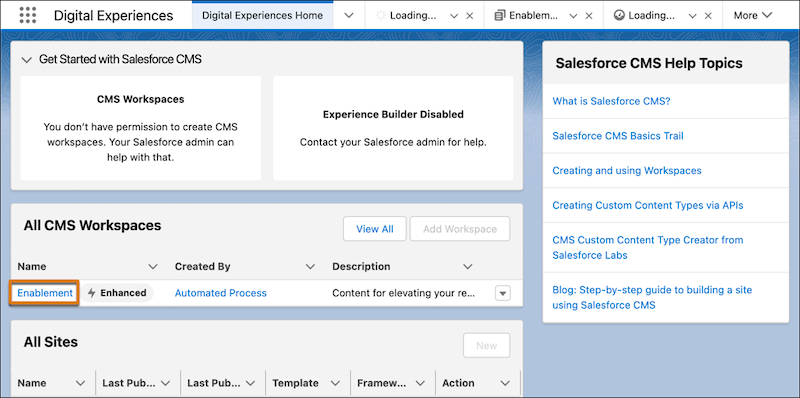 The Digital Experiences app, showing the Enablement workspace selected