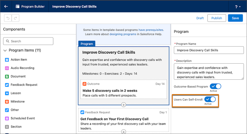 Program Builder, showing the Users Can Self-Enroll option