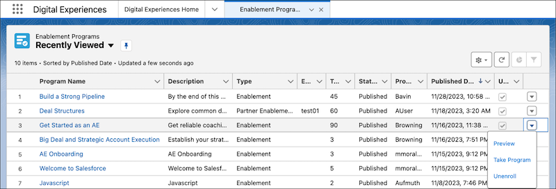 Program list view for an Enablement user assigned to a program