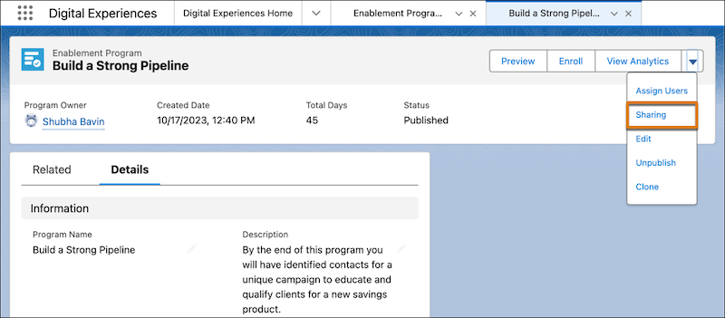 The Enablement Program record detail page, showing the Sharing option