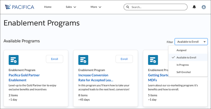 Programs page in an Experience Cloud site, showing a dropdown for a partner user to filter programs by status