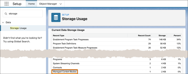 The Storage Usage page in Setup, showing the Managed Content Bodies storage value