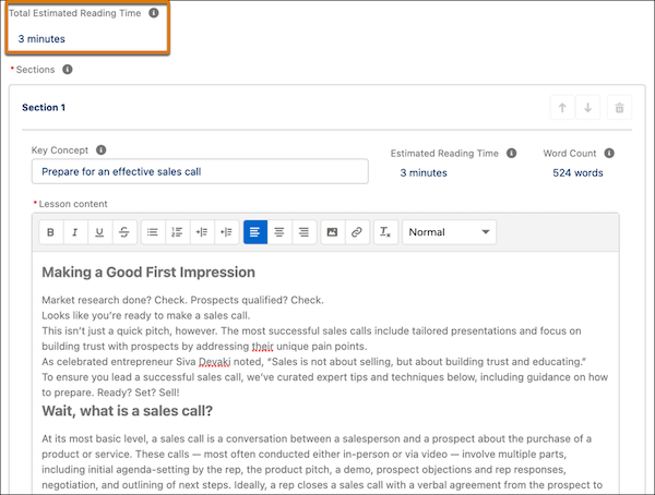 The rich text content type editor in the Enablement workspace, showing the Total Estimated Reading Time field