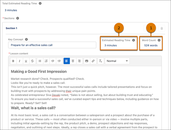 The rich text content type editor in the Enablement workspace, showing the Word Count and Estimated Reading Time fields