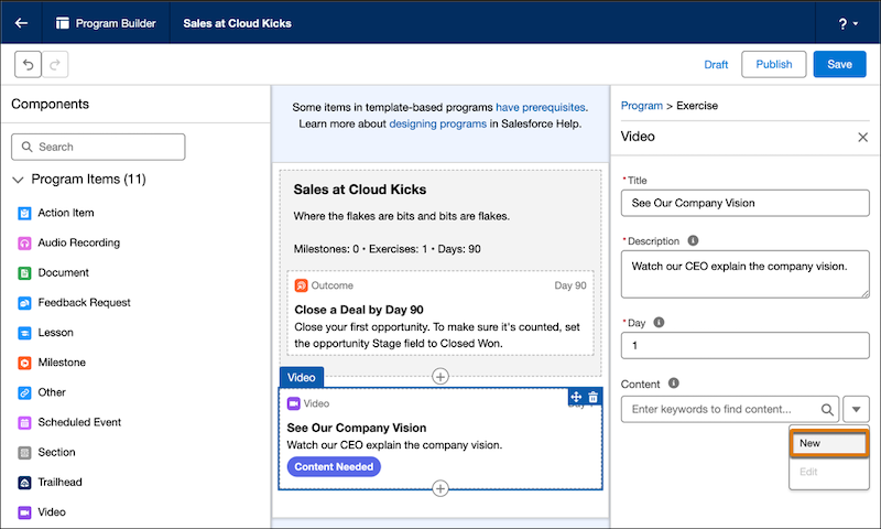 Program Builder, showing the option to create content from an exercise