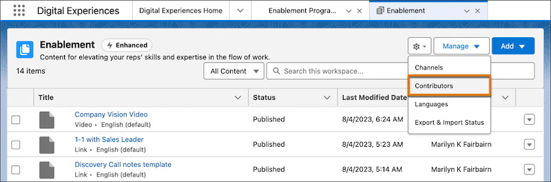 The Enablement workspace in Digital Experiences, showing the option to specify contributors