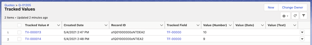 A Tracked Values related list on a quote record. It has two Tracked Values - one for the 10% submission, and one for the 9% submission.