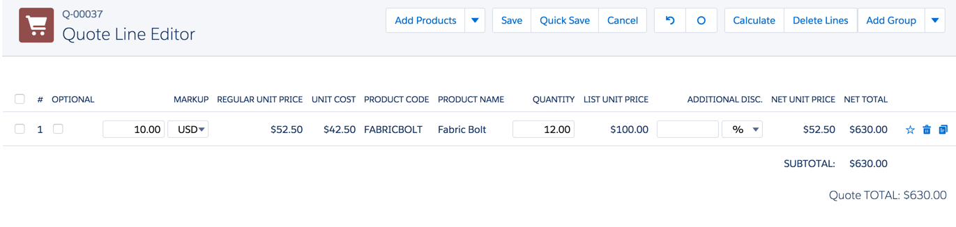 Quote line with a cost schedule applied